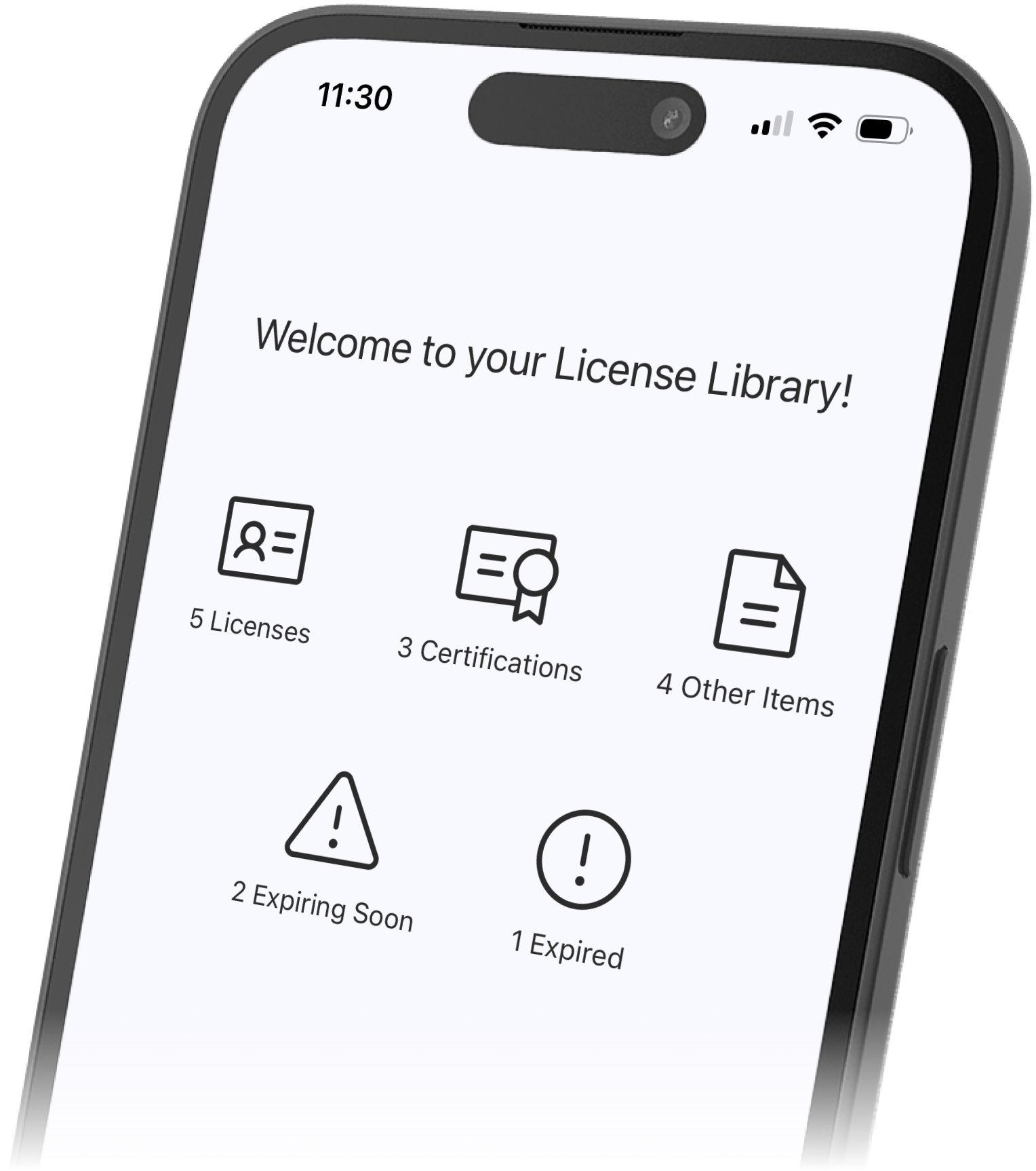 Image of an iPhone angled towards the viewer displaying the home screen of the License Library app. The screen has the text 'Welcome to License Library!' as well as several icons corresponding to the different types of items stored in the app.